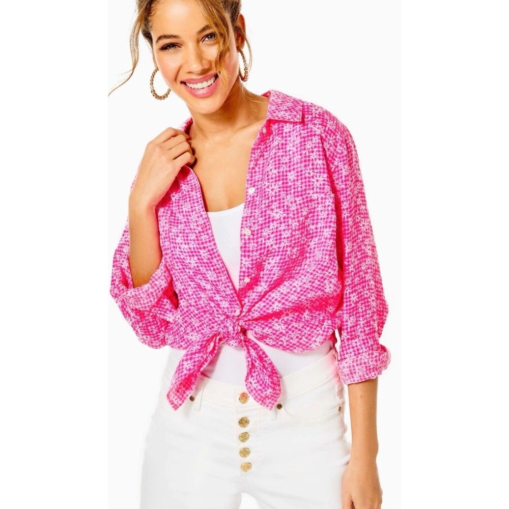 Lilly Pulitzer Sea View 100%‎ LINEN Button Down Top Size XS Pink Gingham Floral - Picture 10 of 13